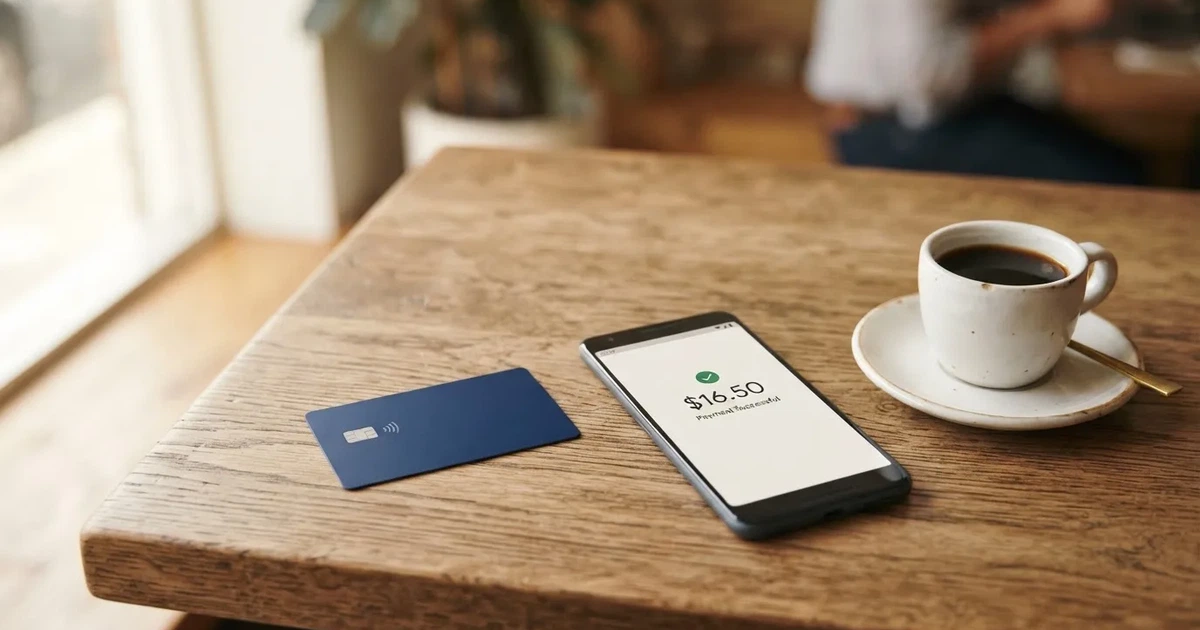A payment card next to a phone with a crypto wallet app open