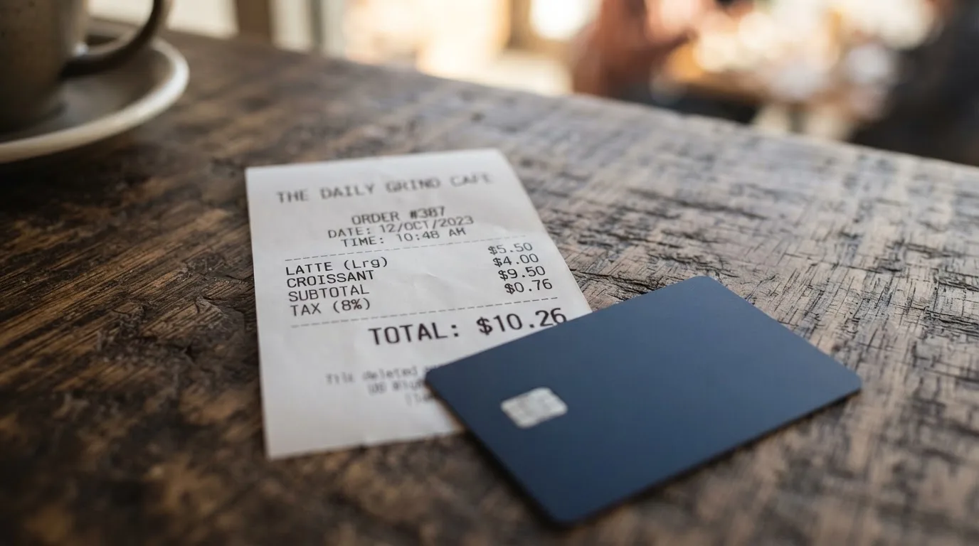 A receipt and a card on a café table