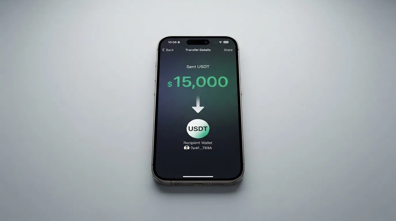 A phone showing a stablecoin transfer screen