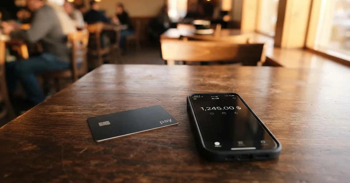 A payment card next to a phone with a crypto wallet app open