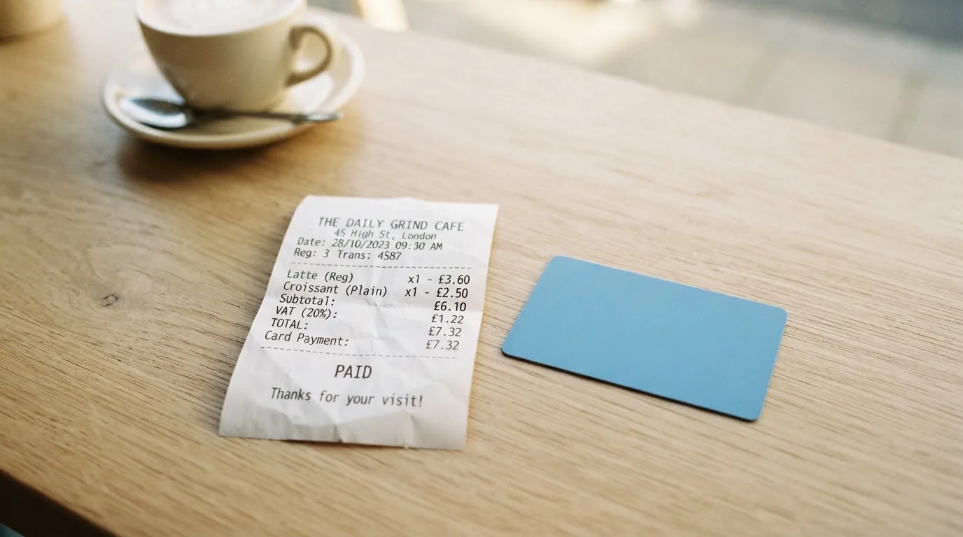 A receipt and a card on a café table