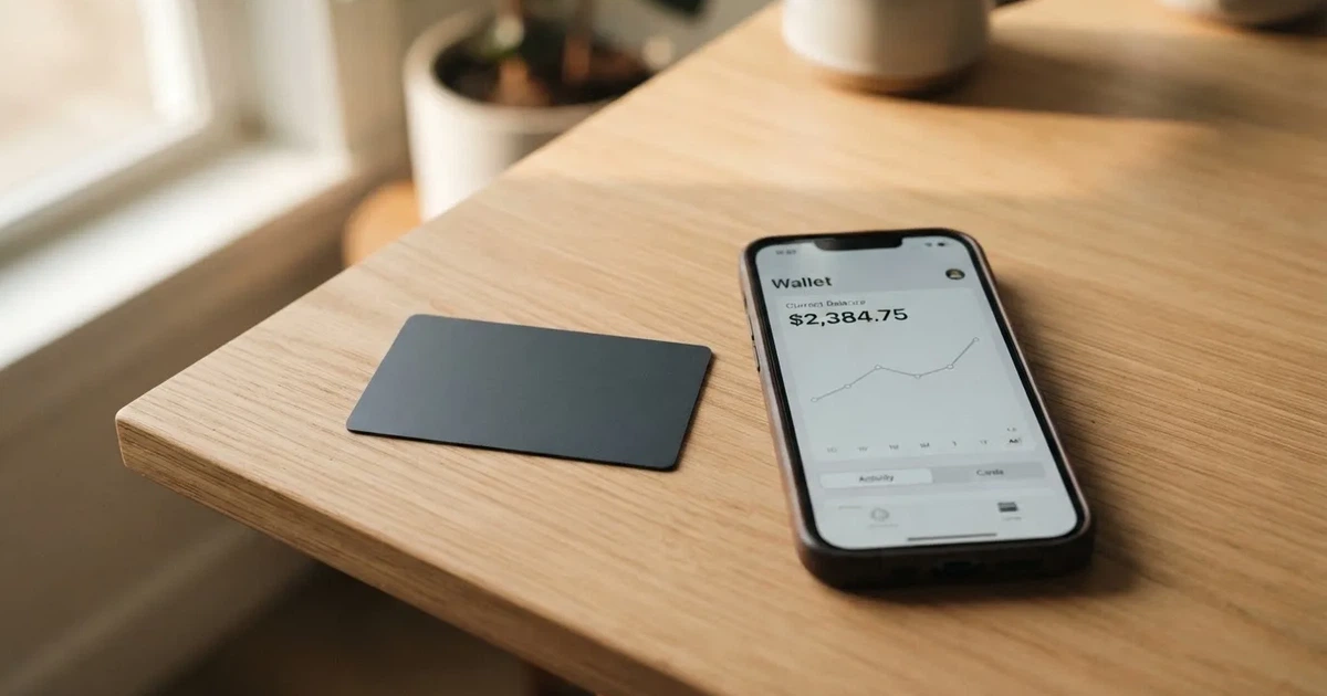 A payment card next to a phone with a crypto wallet app open