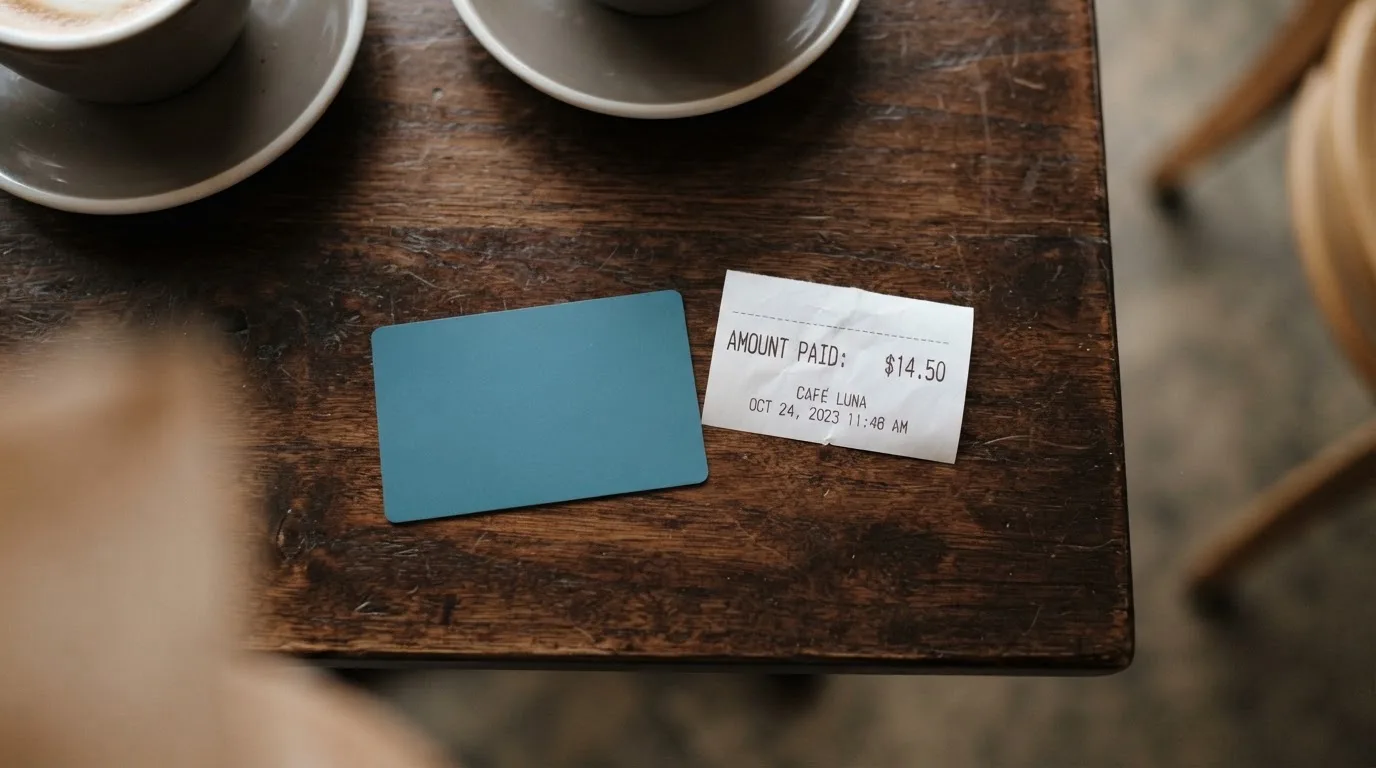A receipt and a card on a café table