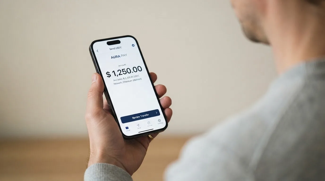 A phone showing a stablecoin transfer screen