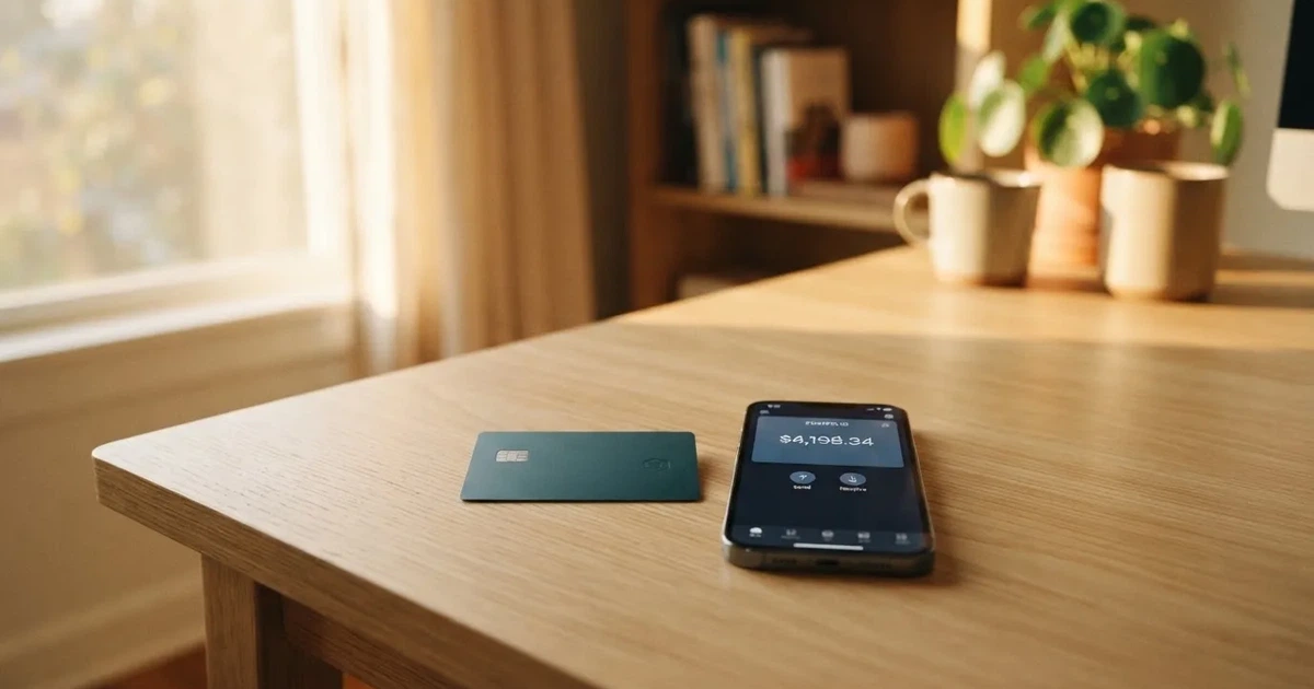 A payment card next to a phone with a crypto wallet app open