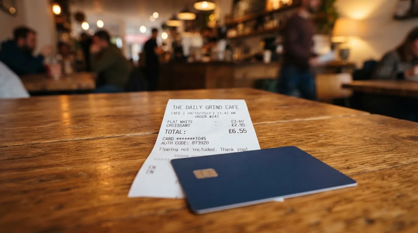 A receipt and a card on a café table
