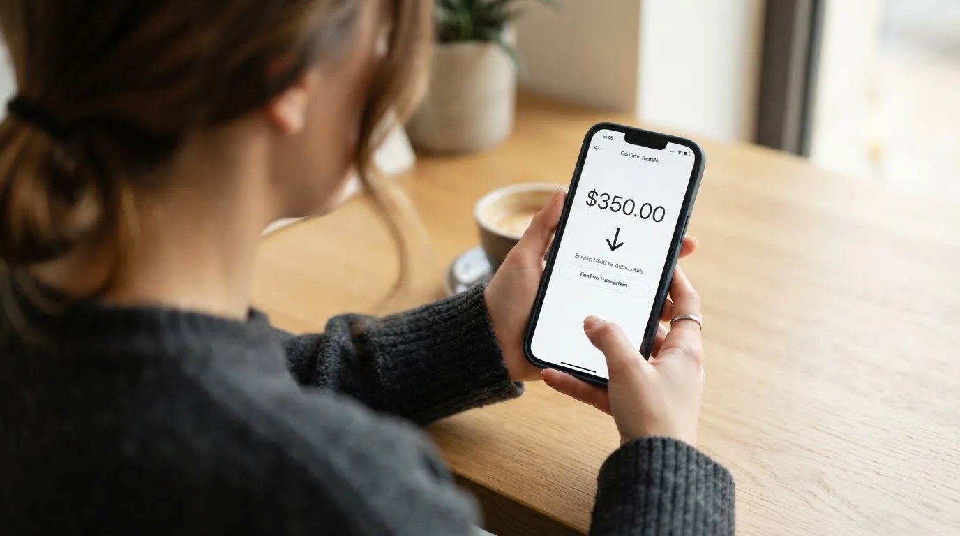 A phone showing a stablecoin transfer screen