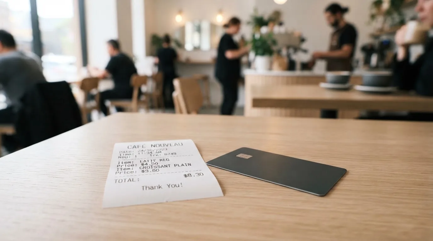 A receipt and a card on a café table