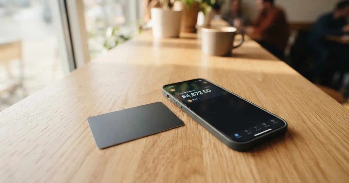 A payment card next to a phone with a crypto wallet app open