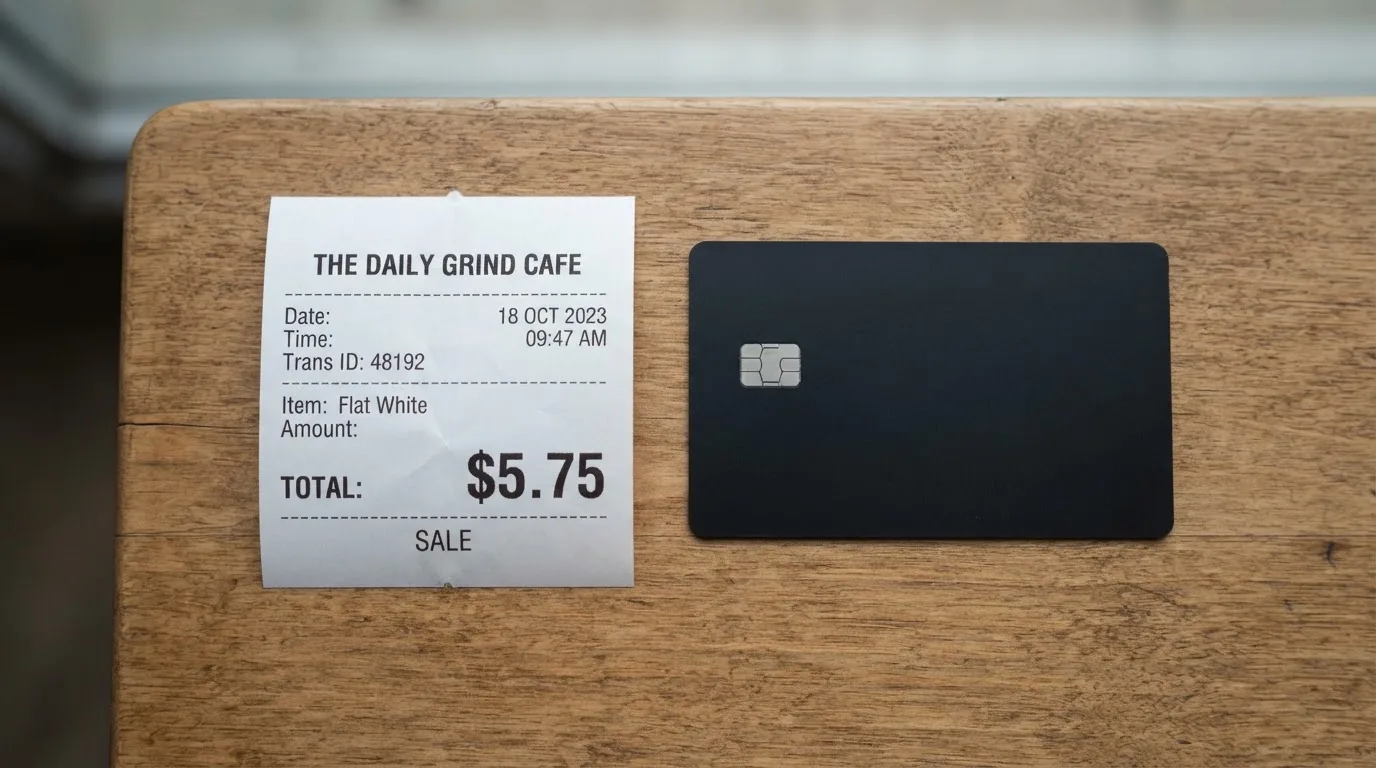 A receipt and a card on a café table
