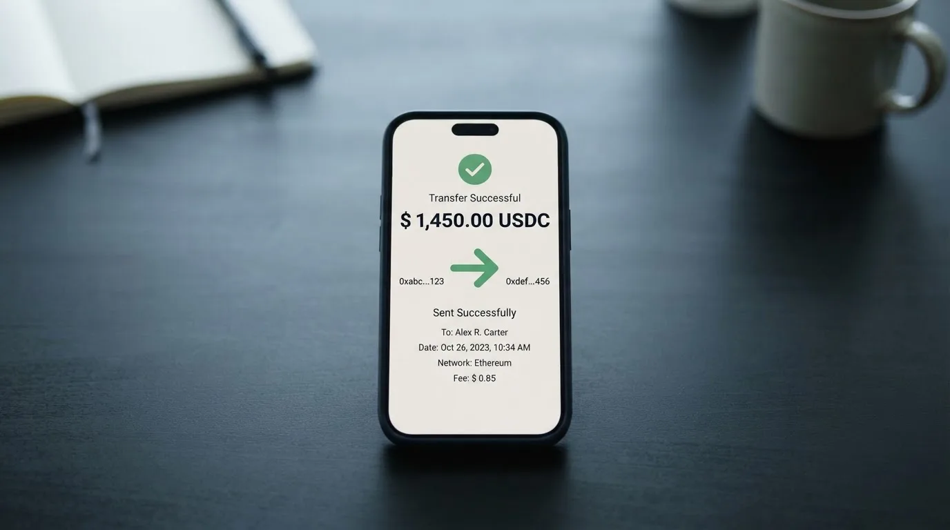 A phone showing a stablecoin transfer screen