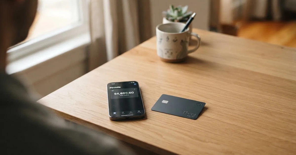 A payment card next to a phone with a crypto wallet app open