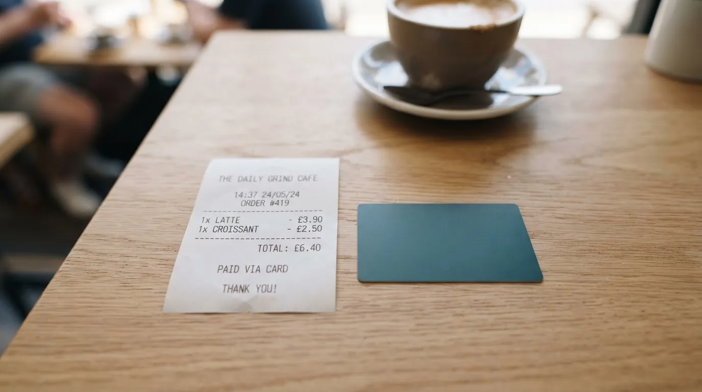 A receipt and a card on a café table