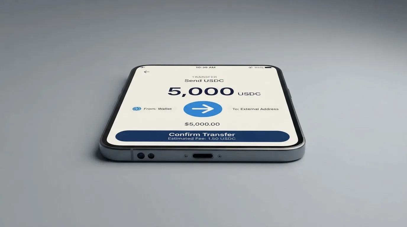 A phone showing a stablecoin transfer screen