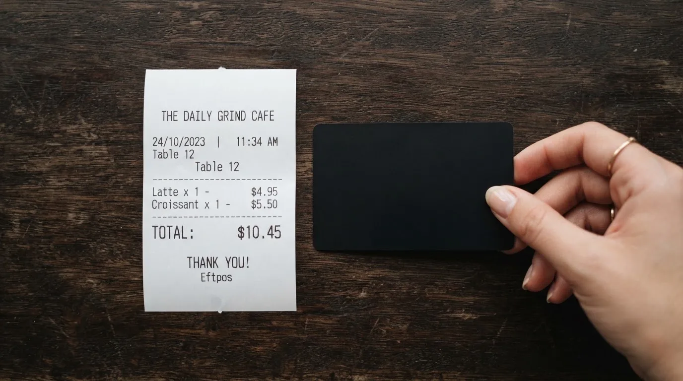A receipt and a card on a café table