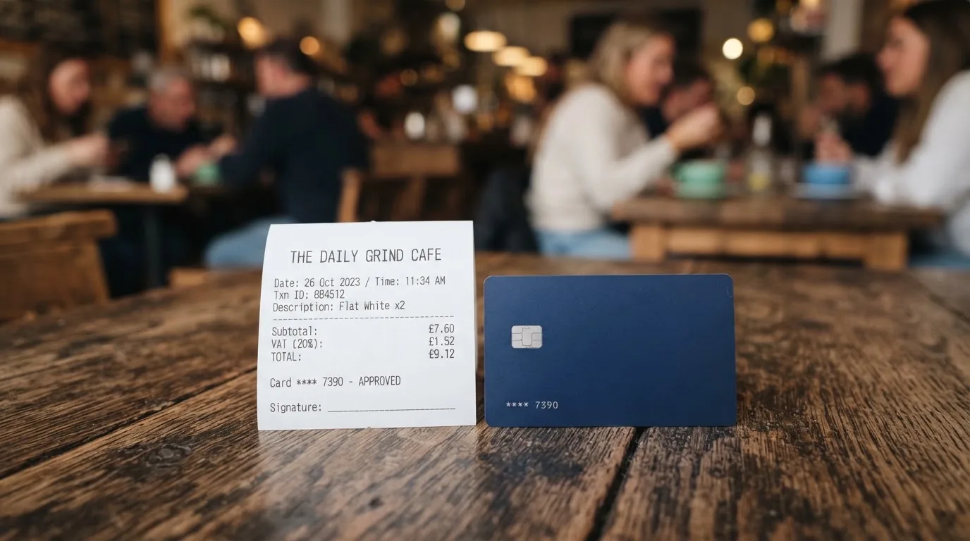 A receipt and a card on a café table