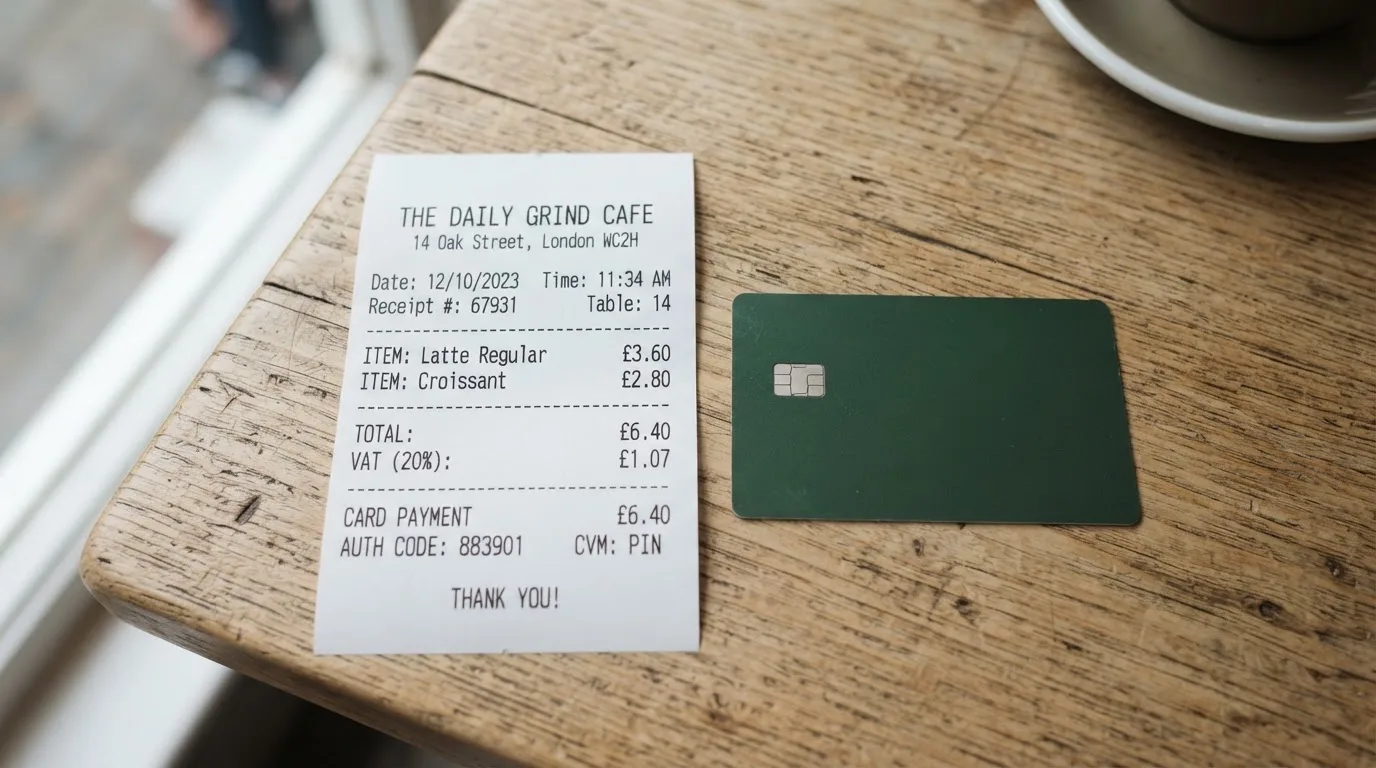 A receipt and a card on a café table