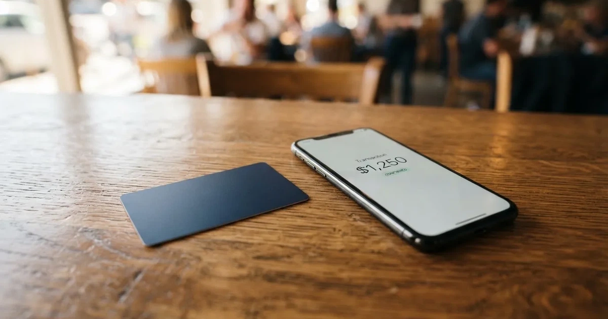 A payment card next to a phone with a crypto wallet app open
