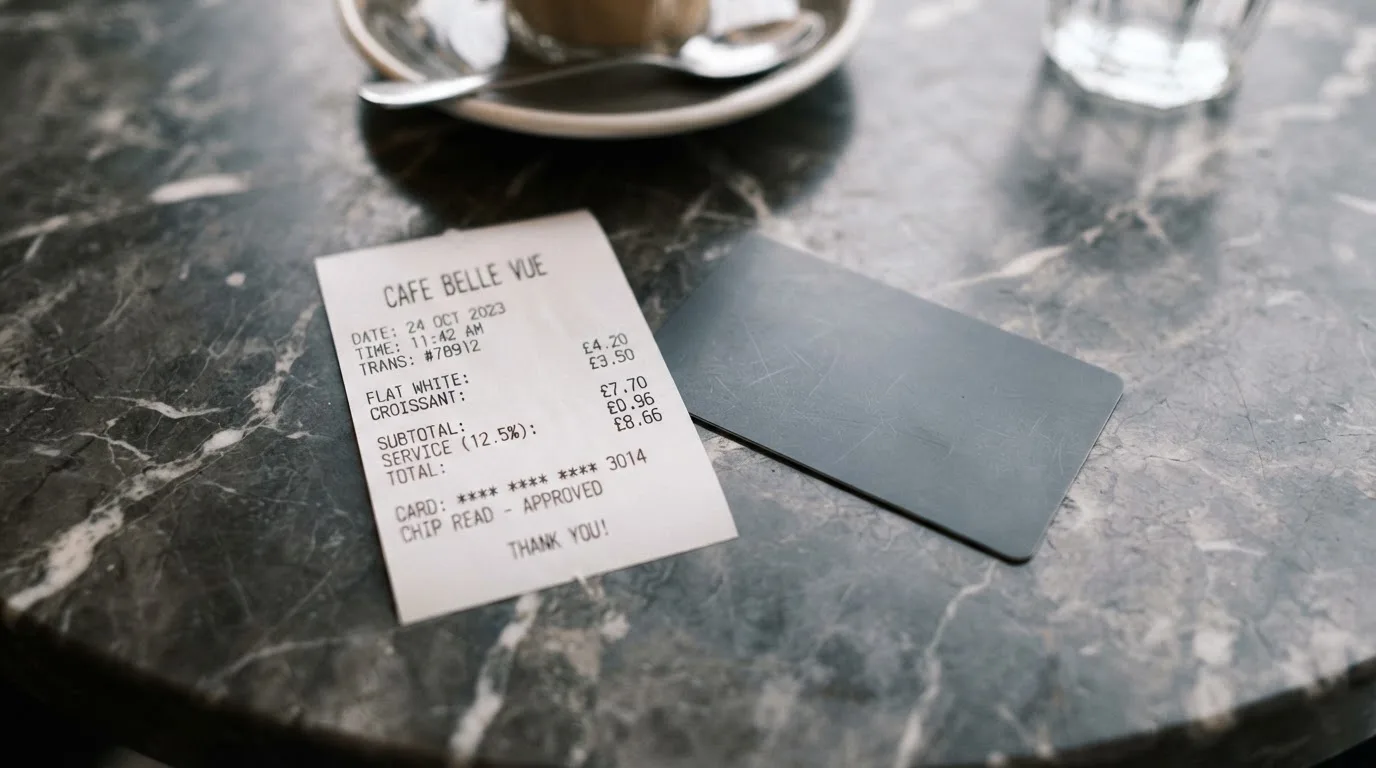 A receipt and a card on a café table