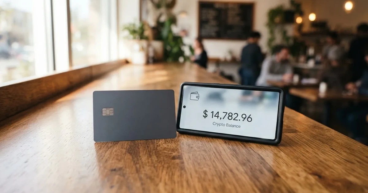 A payment card next to a phone with a crypto wallet app open