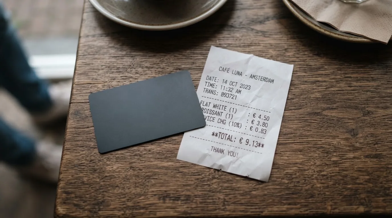 A receipt and a card on a café table
