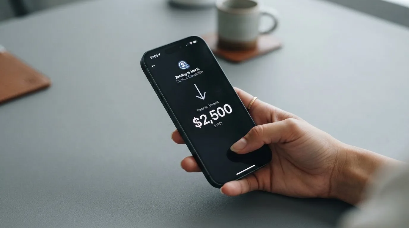 A phone showing a stablecoin transfer screen