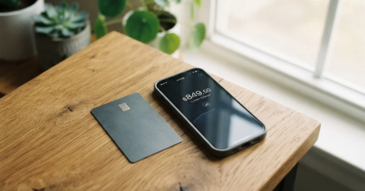 A payment card next to a phone with a crypto wallet app open