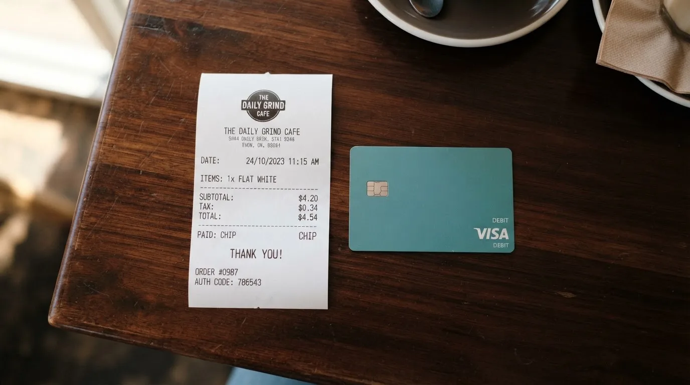 A receipt and a card on a café table