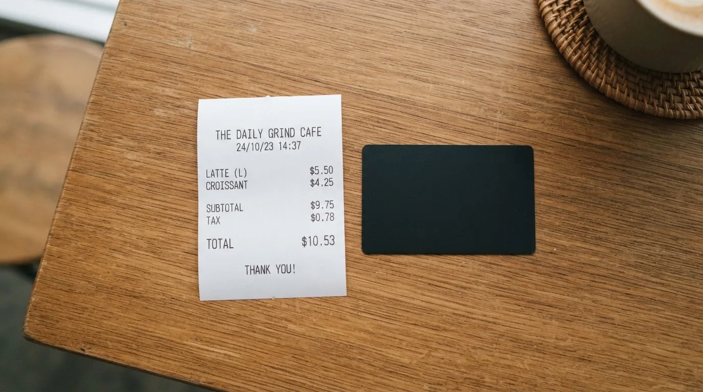 A receipt and a card on a café table