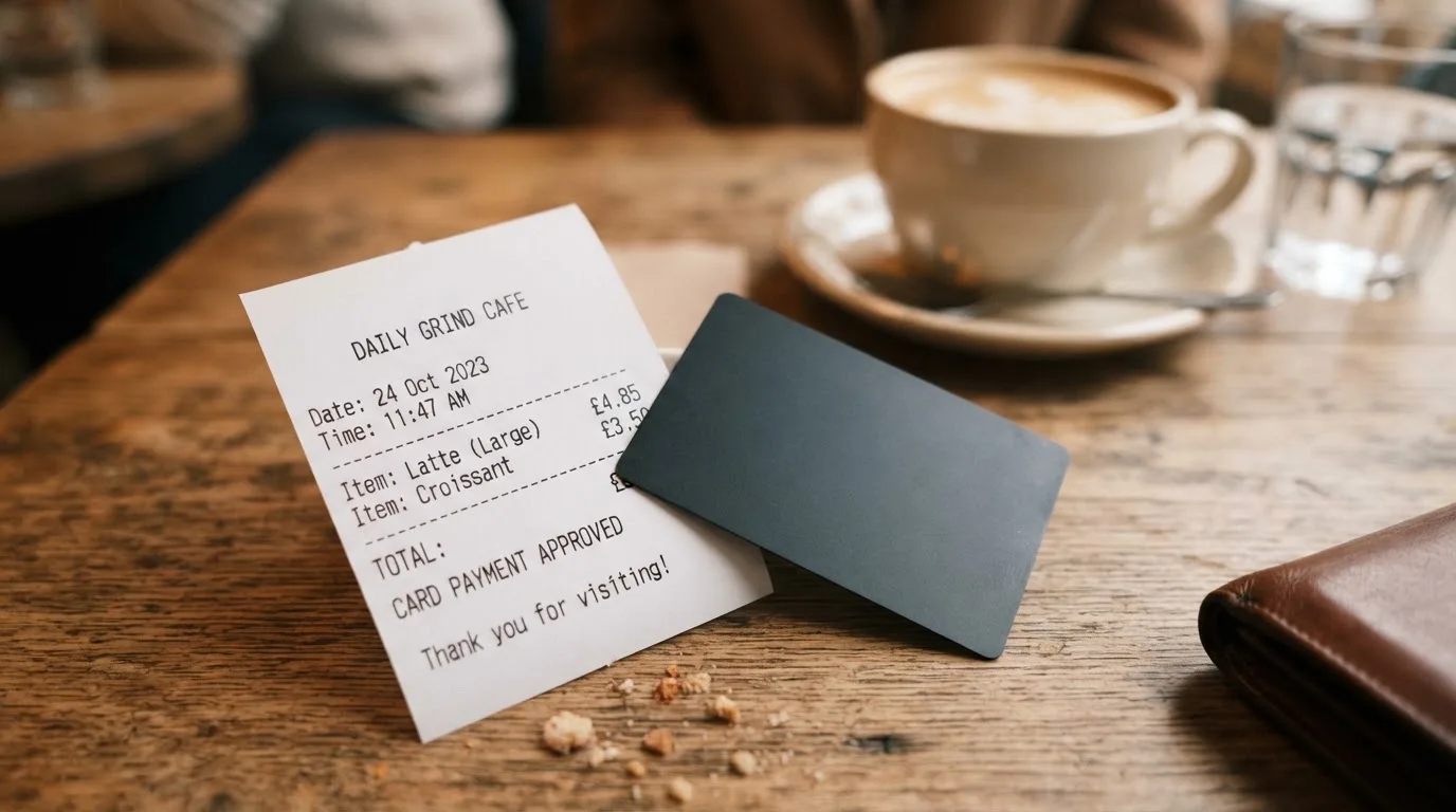 A receipt and a card on a café table