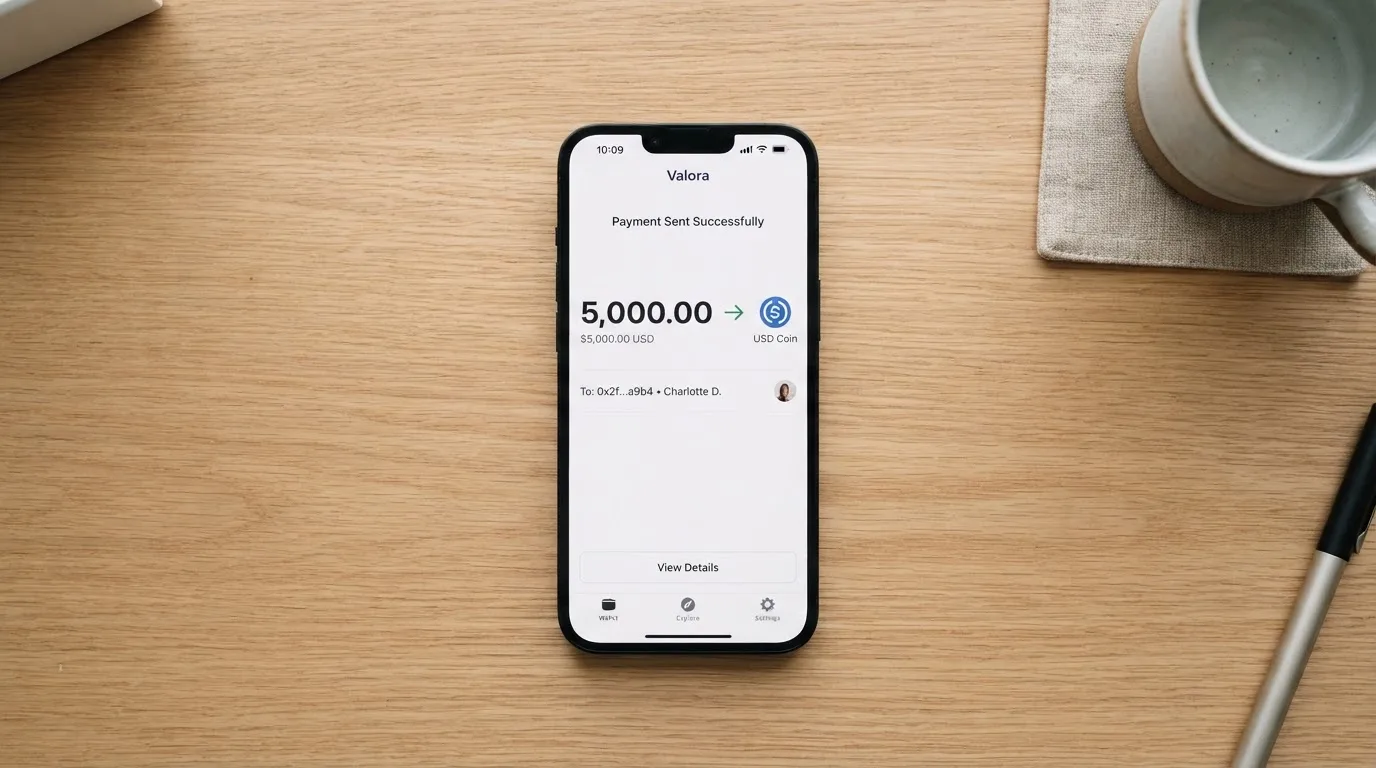 A phone showing a stablecoin transfer screen