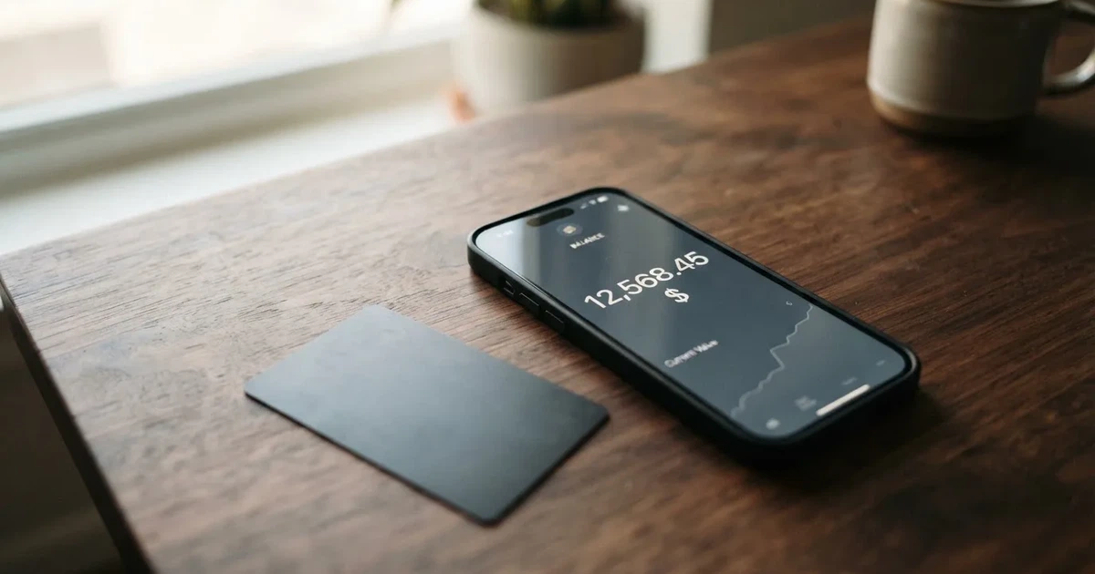 A payment card next to a phone with a crypto wallet app open