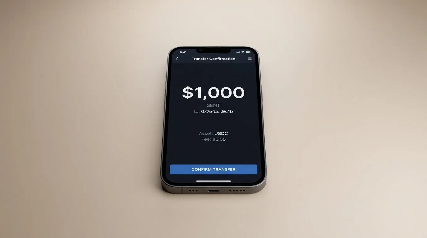 A phone showing a stablecoin transfer screen