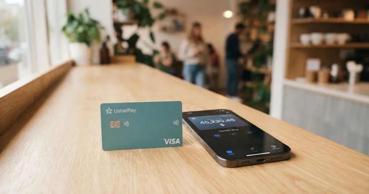A payment card next to a phone with a crypto wallet app open