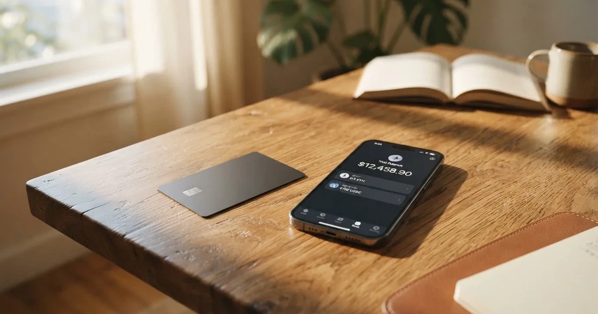 A payment card next to a phone with a crypto wallet app open