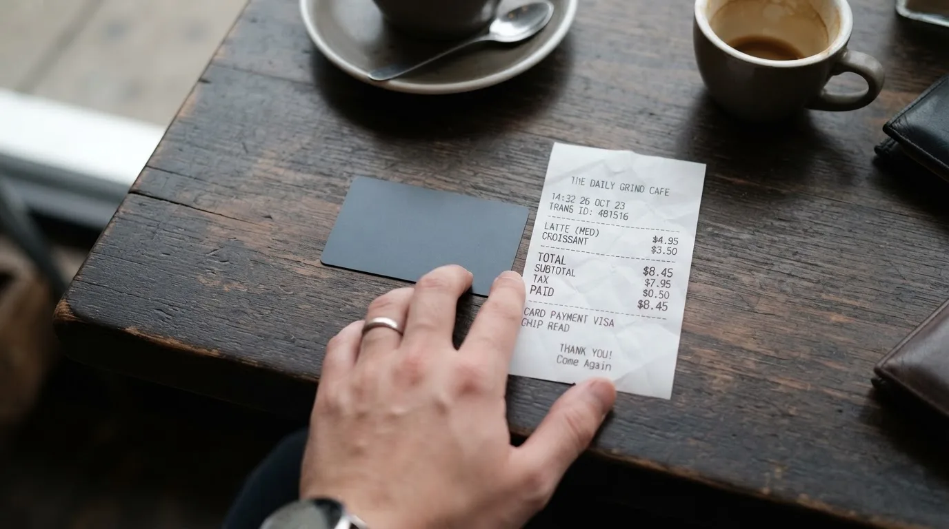 A receipt and a card on a café table