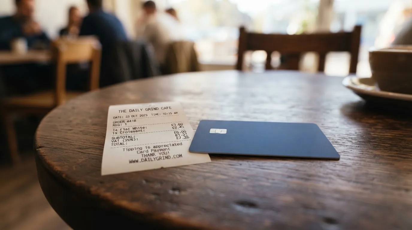 A receipt and a card on a café table
