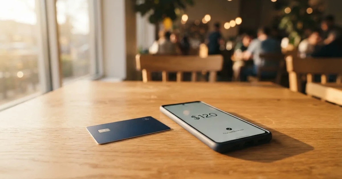 A payment card next to a phone with a crypto wallet app open