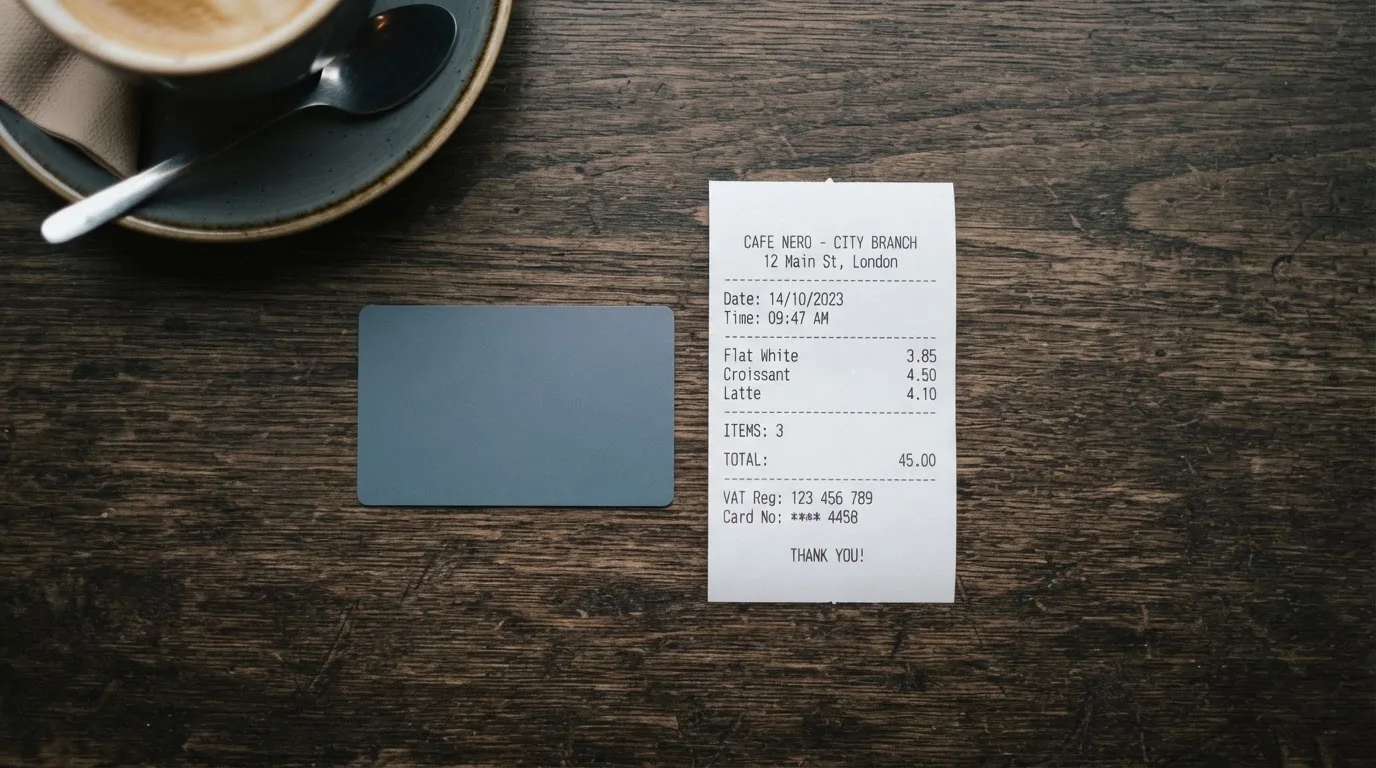 A receipt and a card on a café table