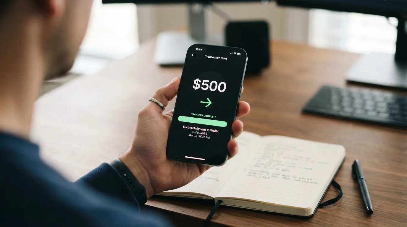 A phone showing a stablecoin transfer screen