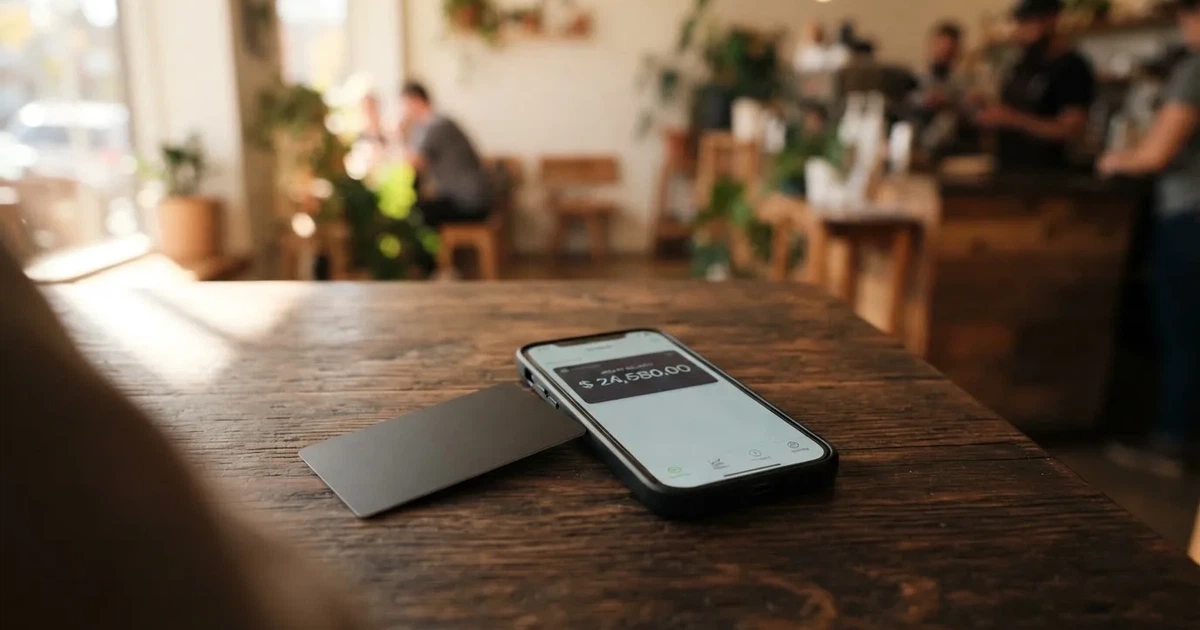 A payment card next to a phone with a crypto wallet app open