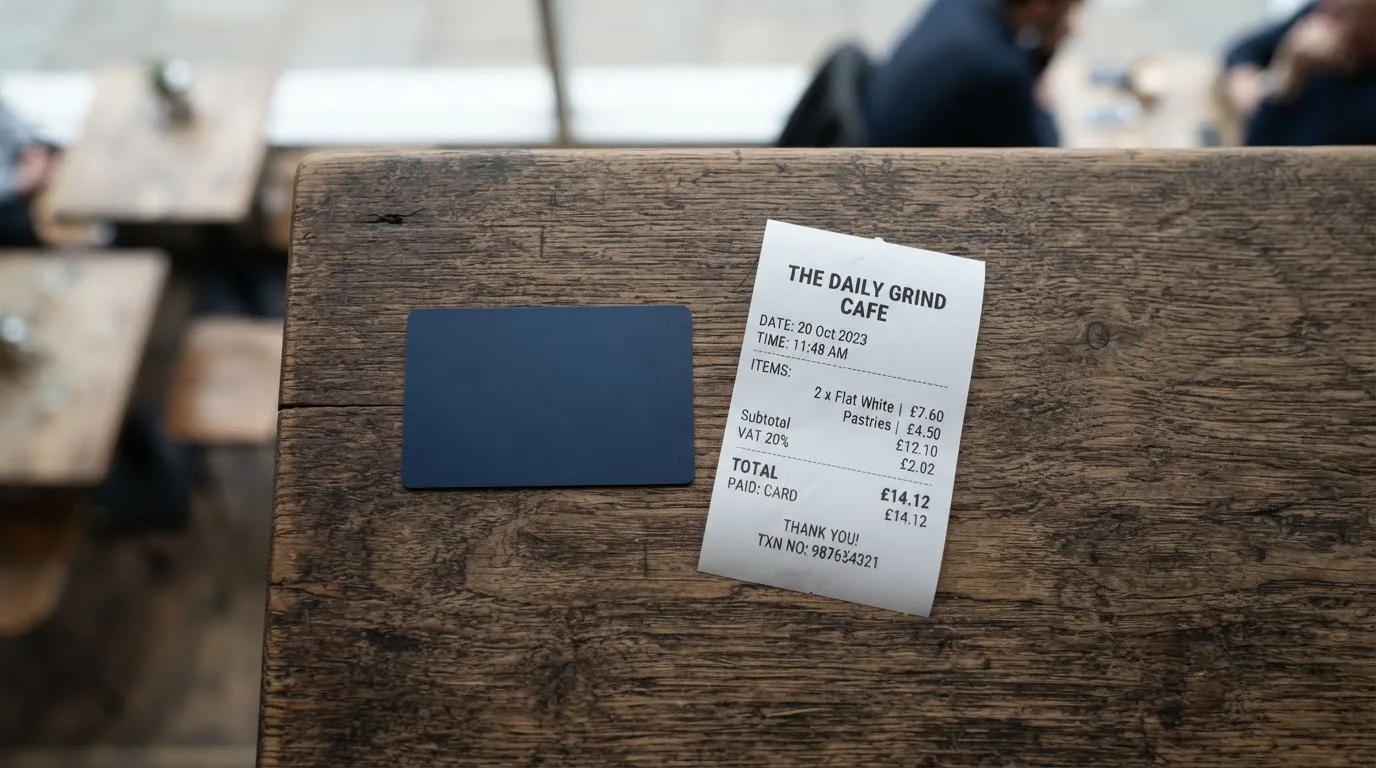 A receipt and a card on a café table