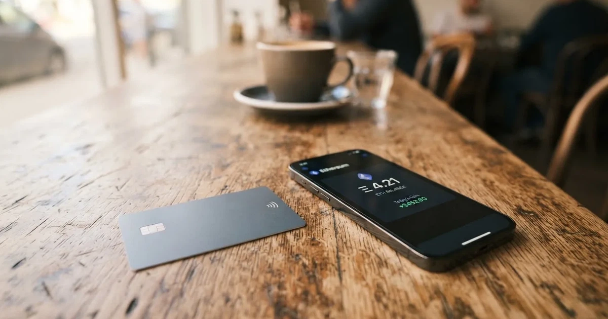 A payment card next to a phone with a crypto wallet app open