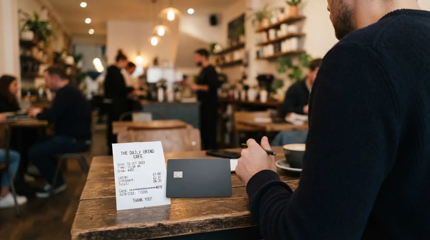 A receipt and a card on a café table