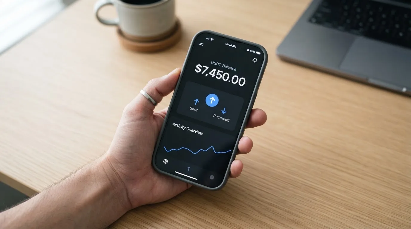 A phone showing a stablecoin transfer screen
