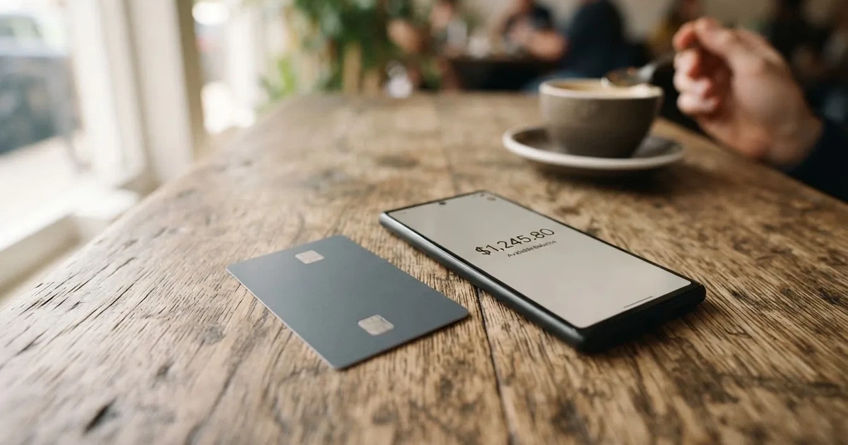 A payment card next to a phone with a crypto wallet app open