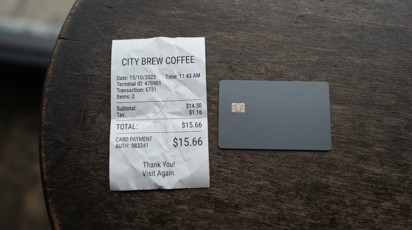 A receipt and a card on a café table
