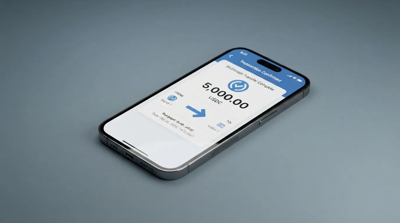 A phone showing a stablecoin transfer screen