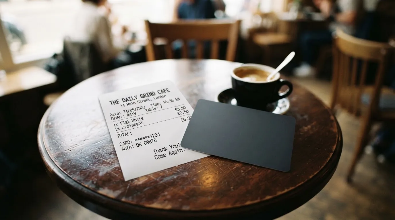 A receipt and a card on a café table