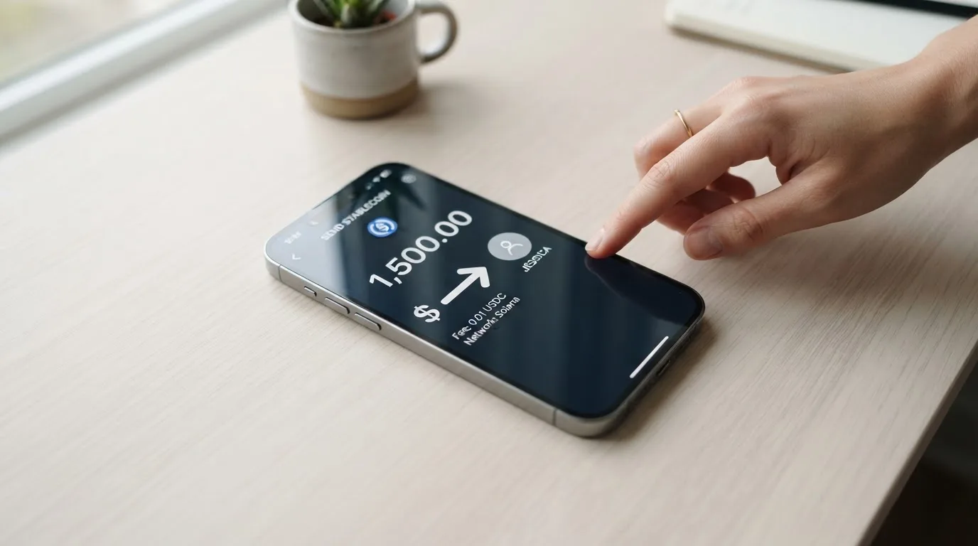 A phone showing a stablecoin transfer screen